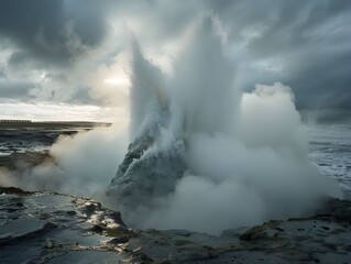 Fototapeta premium Powerful waves crash against rocky shore at sunset, creating dramatic splashes along the coastline