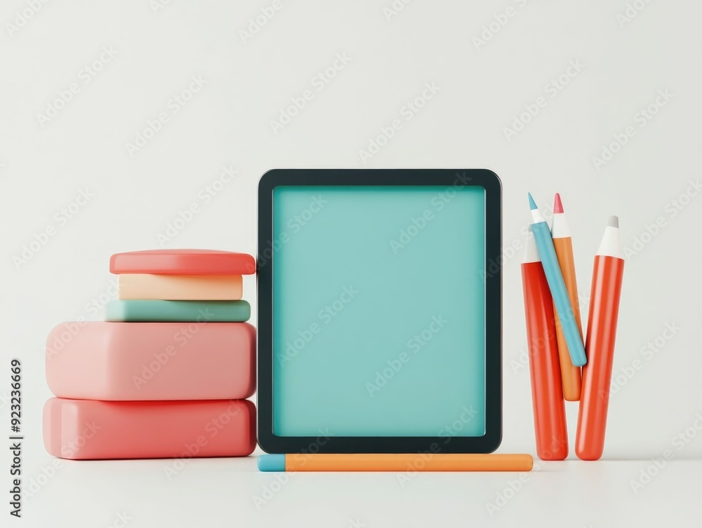 Poster 3d render of an education icon displayed on a tablet device with various educational apps and softwa