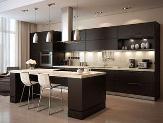 Modern kitchen interior with black cabinets, a white island, and two white bar stools.
