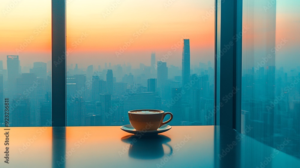 Aufkleber a modern urban cafe setting with a view of the city through large windows a coffee cup sits on a sle