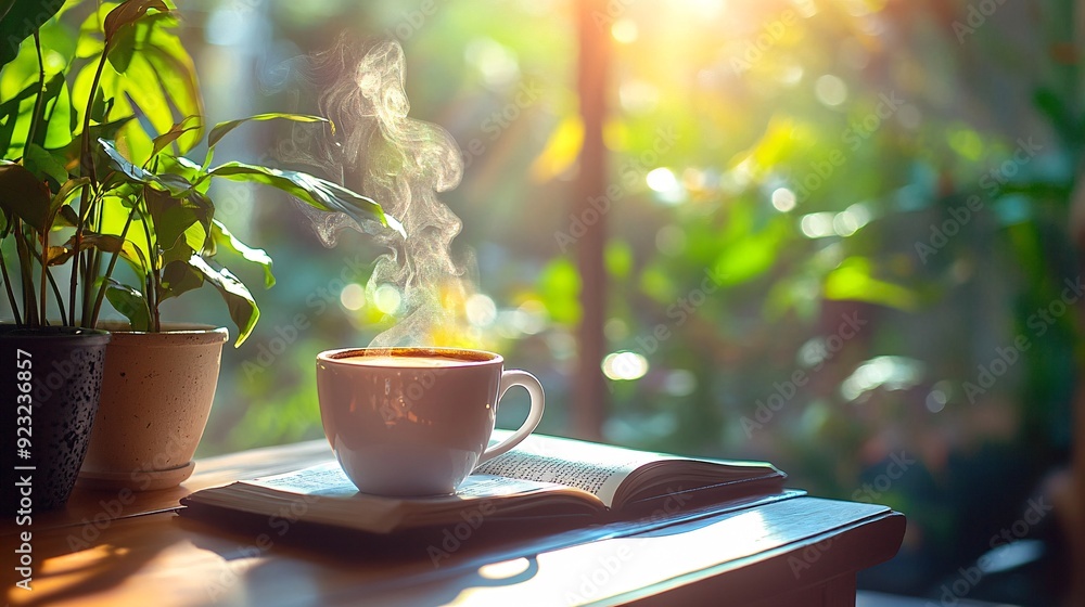 Poster A serene outdoor cafe scene with a view of lush greenery The table features a steaming cup of coffee and an open book while sunlight filters softly through the leaves creating a peaceful moment Stock