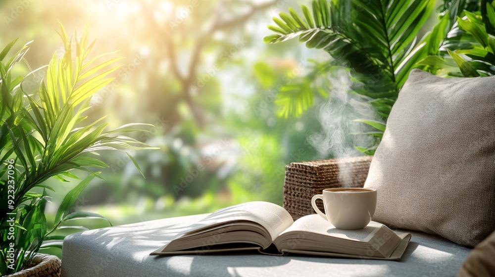 Poster a serene outdoor cafe scene with a view of lush greenery the table features a steaming cup of coffee