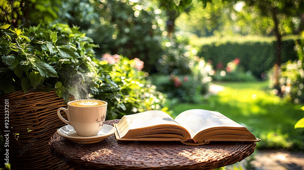 Poster a peaceful outdoor cafe scene with a view of a garden a cup of coffee and an open book sit on a tabl