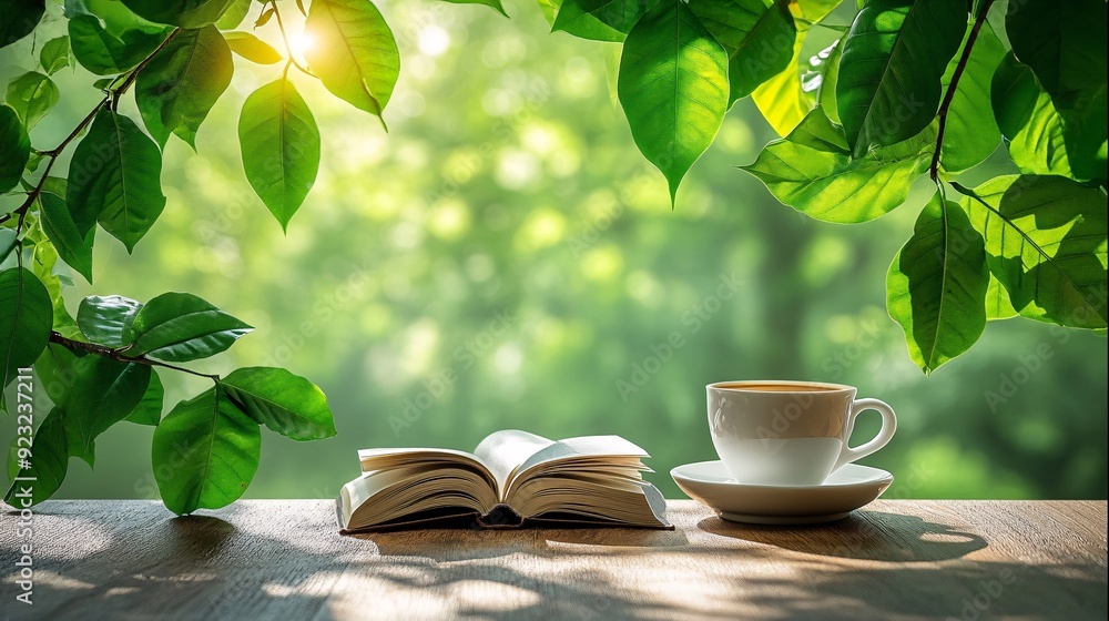 Aufkleber A tranquil outdoor cafe setting surrounded by trees and greenery A table is set with a cup of coffee and an open book basking in the warm sunlight filtering through the leaves creating a calm and