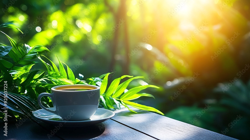 Aufkleber A tranquil outdoor cafe setting surrounded by trees and greenery A table is set with a cup of coffee and an open book basking in the warm sunlight filtering through the leaves creating a calm and