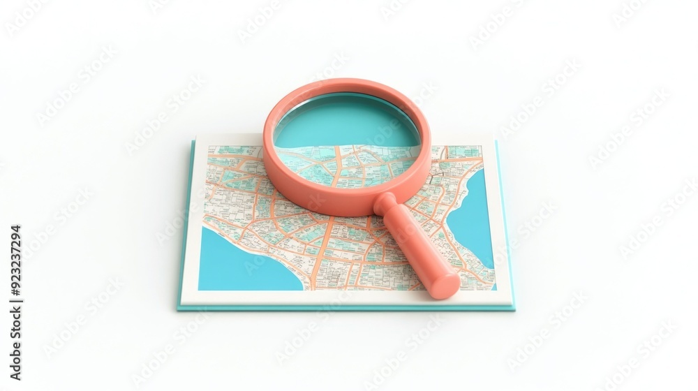 Poster 3d education icon with map and magnifying glass on white background representing learning teaching r