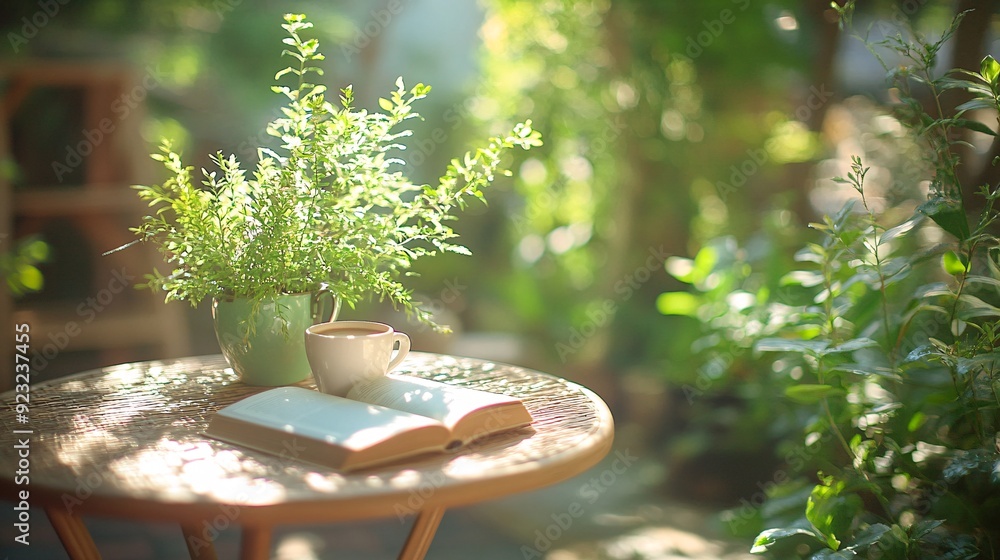 Aufkleber A refreshing outdoor cafe setting where a cup of coffee and an open book rest on a table amidst greenery Sunlight softly filters through the trees creating a calming and serene environment perfect