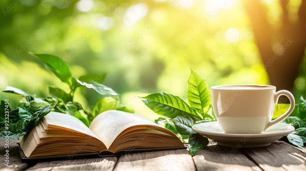 Aufkleber A refreshing outdoor cafe setting where a cup of coffee and an open book rest on a table amidst greenery Sunlight softly filters through the trees creating a calming and serene environment perfect