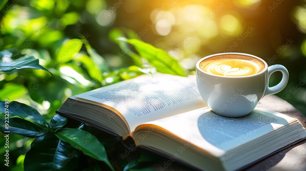 Poster a serene outdoor cafe scene featuring a table with a cup of coffee and an open book sunlight filters