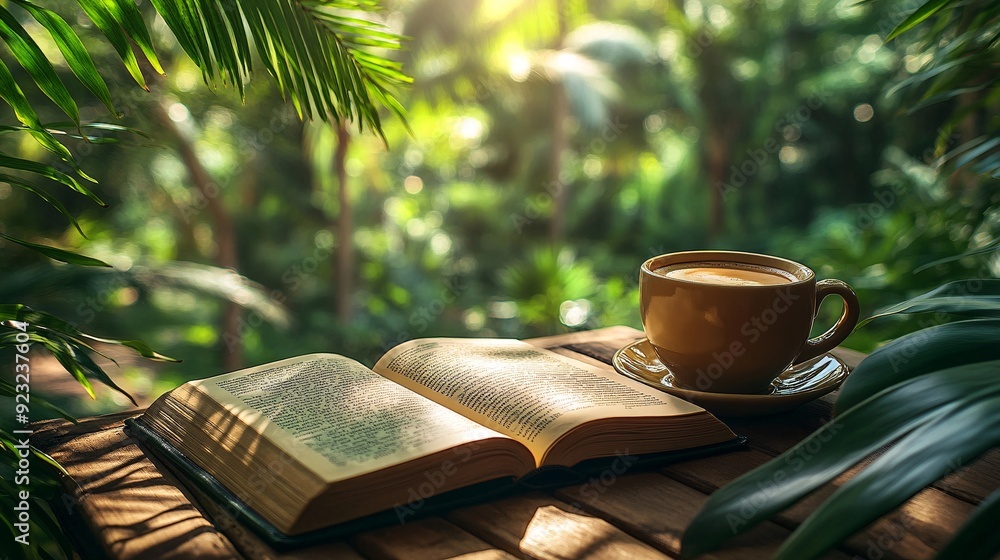 Poster a serene outdoor cafe scene featuring a table with a cup of coffee and an open book sunlight filters