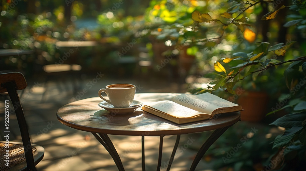 Aufkleber A tranquil cafe scene outdoors with a view of greenery A table is set with a cup of coffee and an open book while sunlight filters through the leaves casting a warm and calming glow over the scene