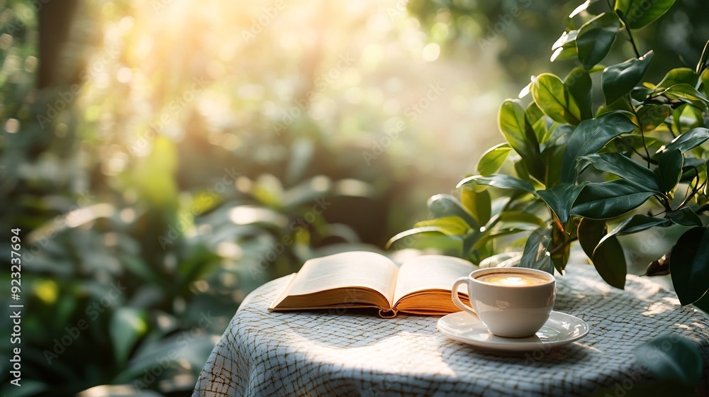 Poster A tranquil cafe scene outdoors with a view of greenery A table is set with a cup of coffee and an open book while sunlight filters through the leaves casting a warm and calming glow over the scene