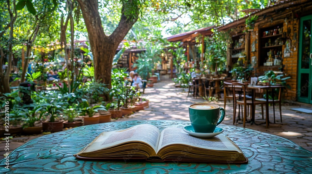 Poster a serene outdoor cafe scene with a view of lush trees and a garden a cup of coffee and an open book 