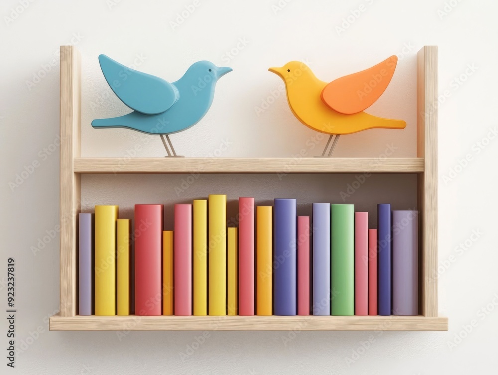 Poster minimalist 3d icon depicting a bookshelf filled with vibrant colored books symbolizing the pursuit o