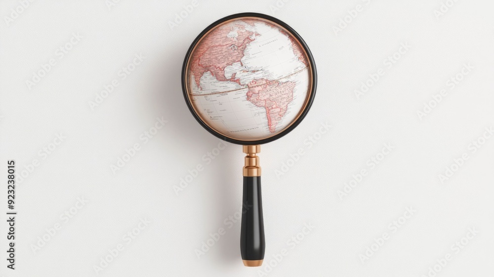 Poster 3d education icon with magnifying glass hovering over a detailed globe on white background symbolizi