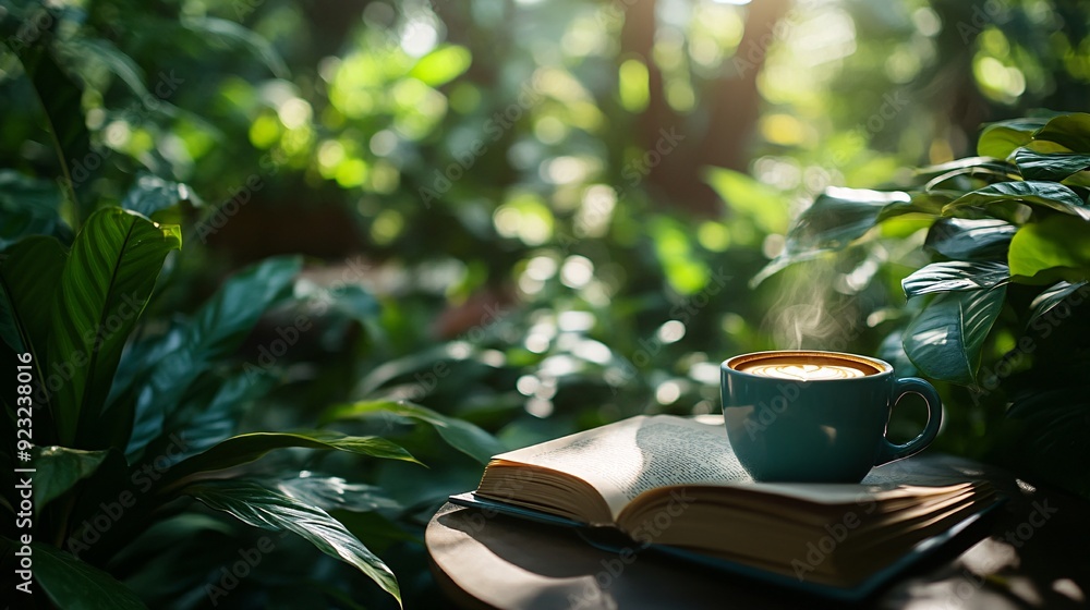 Poster a peaceful outdoor cafe setting surrounded by greenery a table with a cup of coffee and an open book