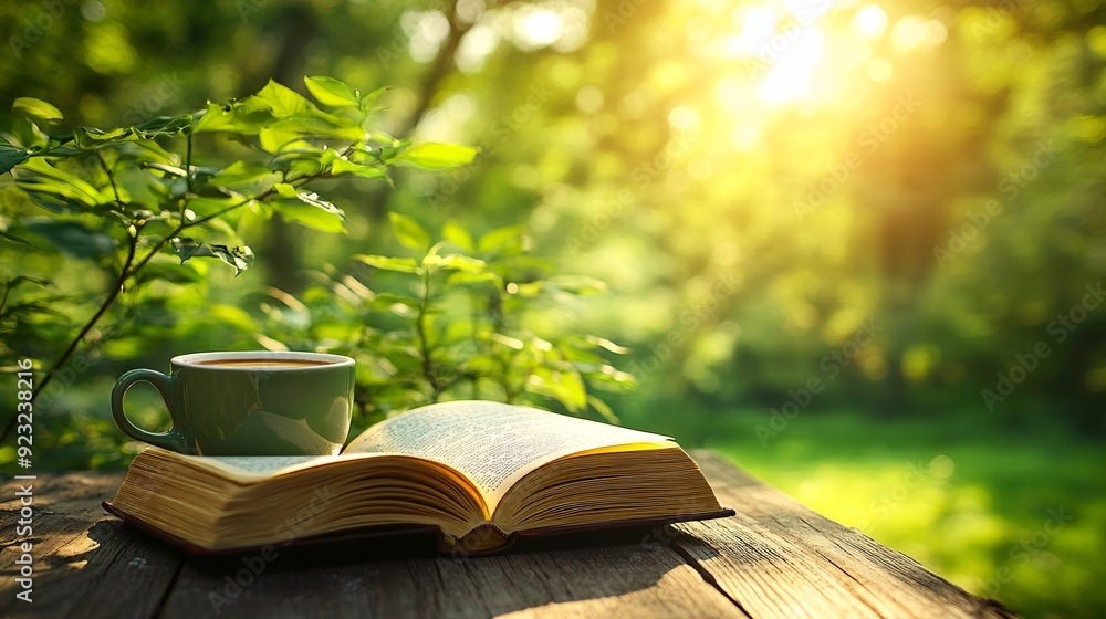 Poster a tranquil outdoor cafe scene where a cup of coffee and an open book sit on a table amidst lush gree