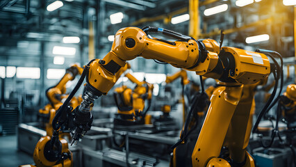 a close up of a robot in a factory with a lot of machines