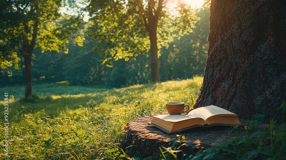 Poster a serene outdoor cafe scene featuring a table with a cup of coffee and an open book sunlight gently 