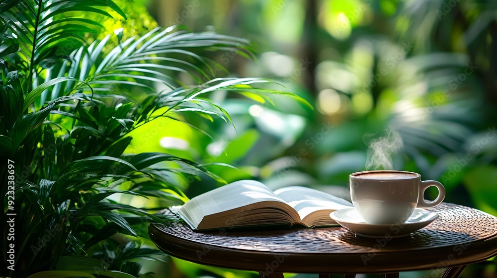 Poster A refreshing outdoor cafe setting where a cup of coffee and an open book rest on a table amidst lush greenery Sunlight filters softly through the trees casting a gentle and serene light over the