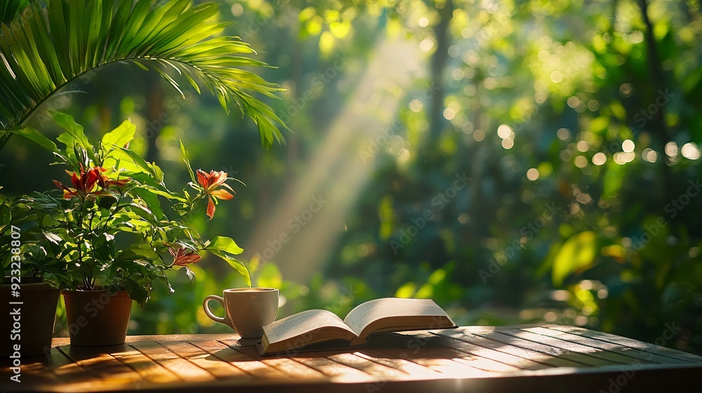 Poster A refreshing outdoor cafe setting where a cup of coffee and an open book rest on a table amidst lush greenery Sunlight filters softly through the trees casting a gentle and serene light over the