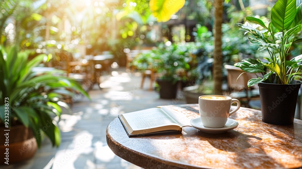 Aufkleber a refreshing outdoor cafe setting where a cup of coffee and an open book rest on a table amidst lush
