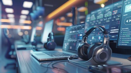 Digital Hub Dynamic Tech Support Center with Live Chat Headsets and Network Monitors