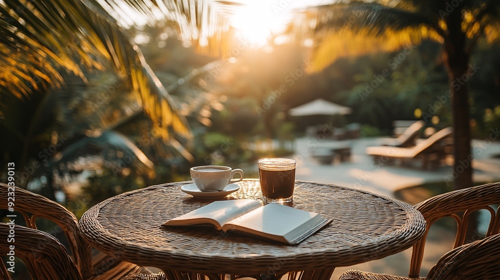 Aufkleber A tranquil outdoor cafe scene with a view of greenery A table is set with a cup of coffee and an open book while sunlight filters through the leaves creating a peaceful and calming environment Stock