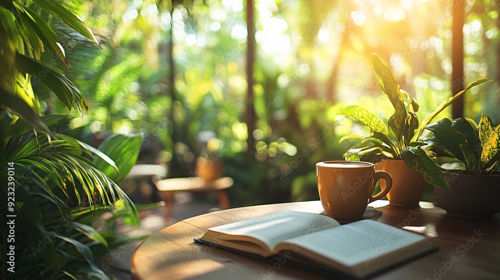 Poster A serene outdoor cafe scene surrounded by lush greenery A cup of coffee and an open book rest on a table bathed in warm sunlight creating a peaceful and refreshing atmosphere Stock Photo with copy