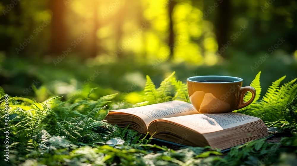 Poster a serene outdoor cafe scene surrounded by lush greenery a cup of coffee and an open book rest on a t