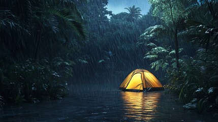 Serene tropical forest campground at night, rain gently falls on a solitary illuminated tent, surrounded by tranquil vegetation, evoking calm contemplation