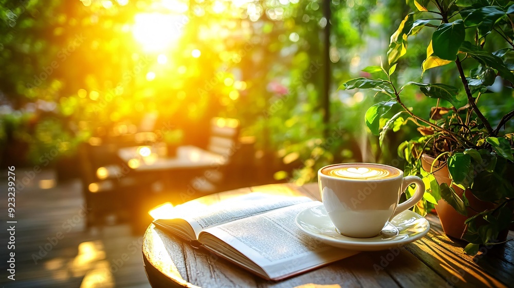 Poster A peaceful outdoor cafe setting with a view of trees and a garden A table with a cup of coffee and an open book is gently bathed in sunlight filtering through the leaves creating a serene and calm