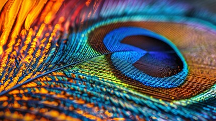 Detailed photograph of a peacock feather showing vibrant colors and intricate patterns © Preecha