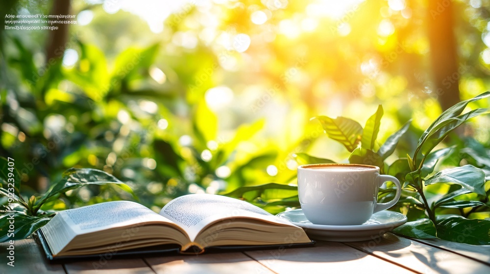 Poster a tranquil outdoor cafe scene where a cup of coffee and an open book sit on a table amidst lush gree