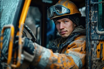 Obraz premium A muddy construction worker in a yellow hard hat and safety glasses looks directly at the camera while sitting in his vehicle.