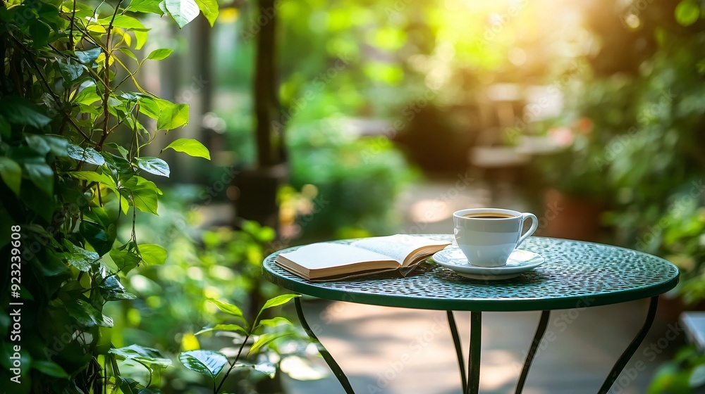 Poster a serene outdoor cafe scene featuring a table with a cup of coffee and an open book sunlight filters