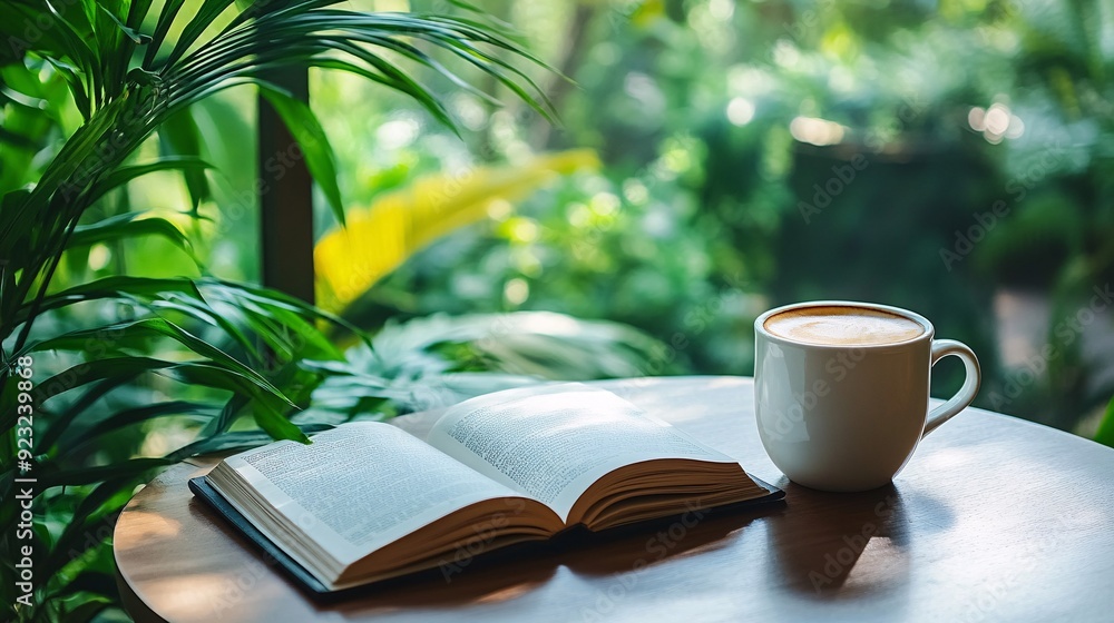 Poster a peaceful cafe scene outdoors with a view of lush greenery a cup of coffee and an open book rest on