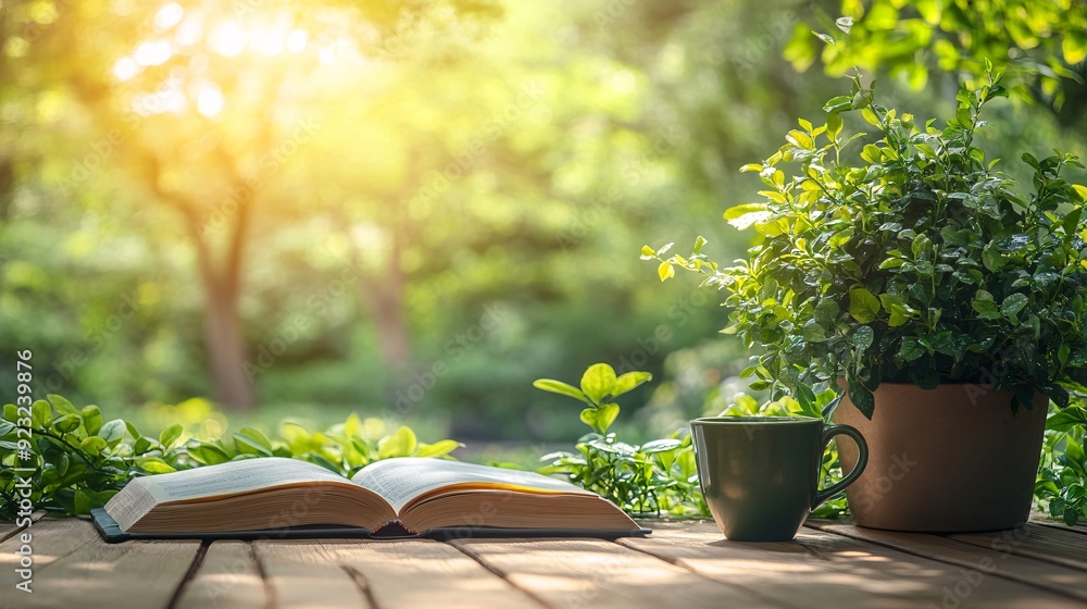 Aufkleber A refreshing outdoor cafe setting where a cup of coffee and an open book rest on a table amidst greenery Sunlight filters gently through the trees creating a serene and calming atmosphere Stock Photo