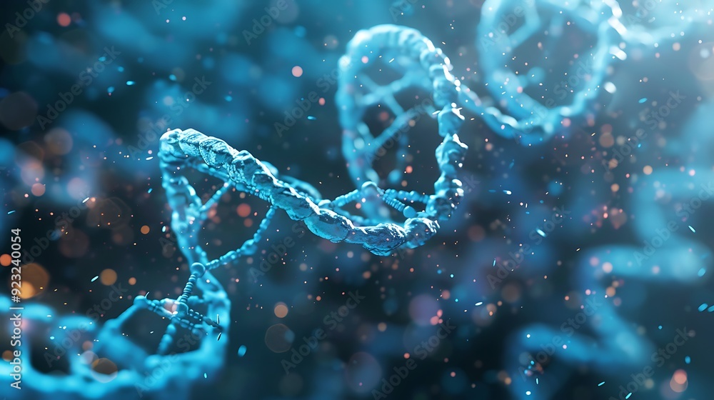 Poster close-up 3d blue dna helix, showcasing the intricate structure of this essential molecule against a 