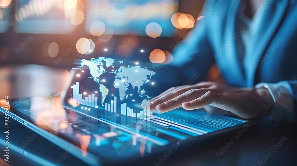 Poster businessman using a tablet computer with a digital world map and data charts, representing global bu