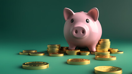 there is a piggy bank sitting on top of a pile of coins