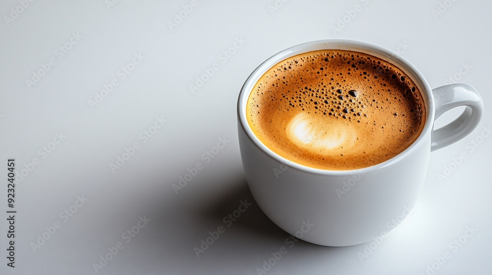 Poster a minimalist image featuring a single coffee cup with delicate steam rising set against a clean whit