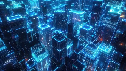 A futuristic cityscape made of glowing blue cubes