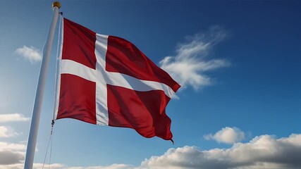 Danish Flag Waving Against Clear Blue Sky. Iconic Red with White Nordic Cross Symbolizes National Pride, Patriotism, and Identity. Captures the Essence of Denmark