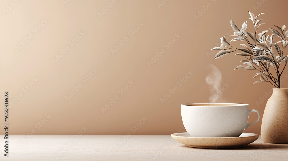 Poster a modern minimalist image of a coffee cup with steam rising softly set against a plain background th