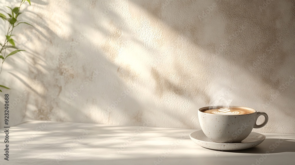 Poster A clean and simple image of a coffee cup with steam gently rising set against a minimalist background The limited colors of white and beige are complemented by the subtle color of the cup Stock Photo