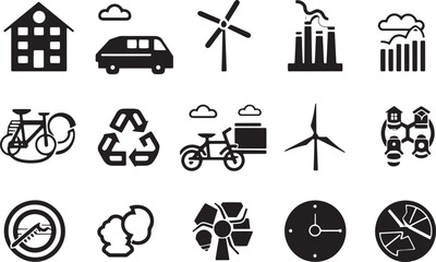 A minimalist vector icon set including a renewable energy sources, sustainable transportation, eco-friendly products, and green building 