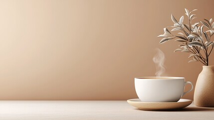 A modern minimalist image of a coffee cup with steam rising softly set against a plain background The focus on a limited color palette with whites and beiges enhances the sleekness of the design