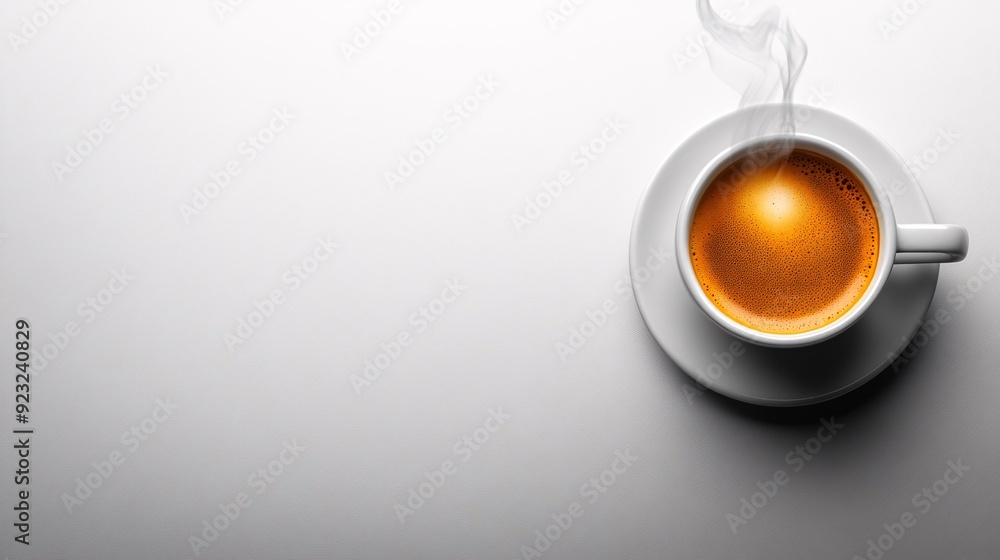 Poster a minimalist design featuring a coffee cup with steam rising set against a sleek white background th