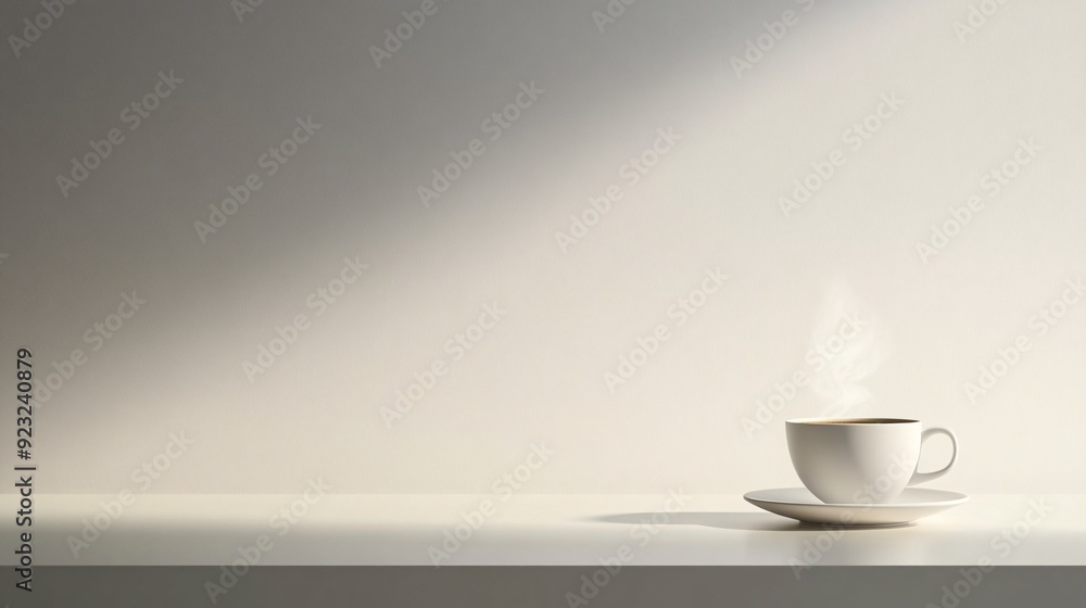Poster a minimalist design featuring a coffee cup with steam rising set against a sleek white background th